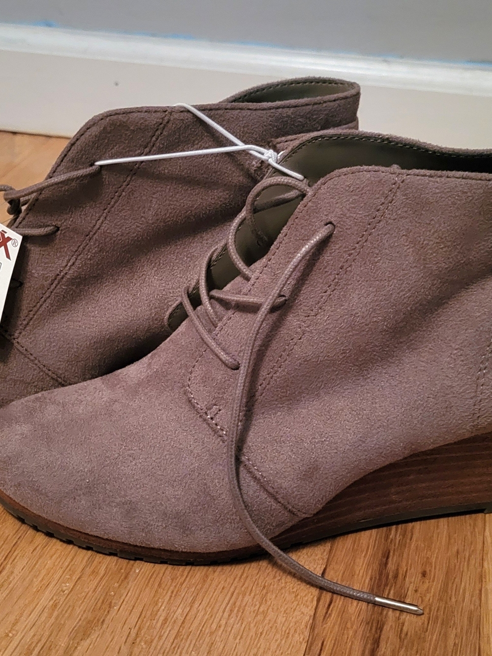 Dr. Scholl's Taupe Suede Lace-Up Wedge Booties